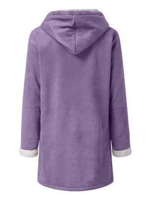 Back view of a purple pocketed long sleeve hooded toggle jacket, featuring soft fabric and cozy design.