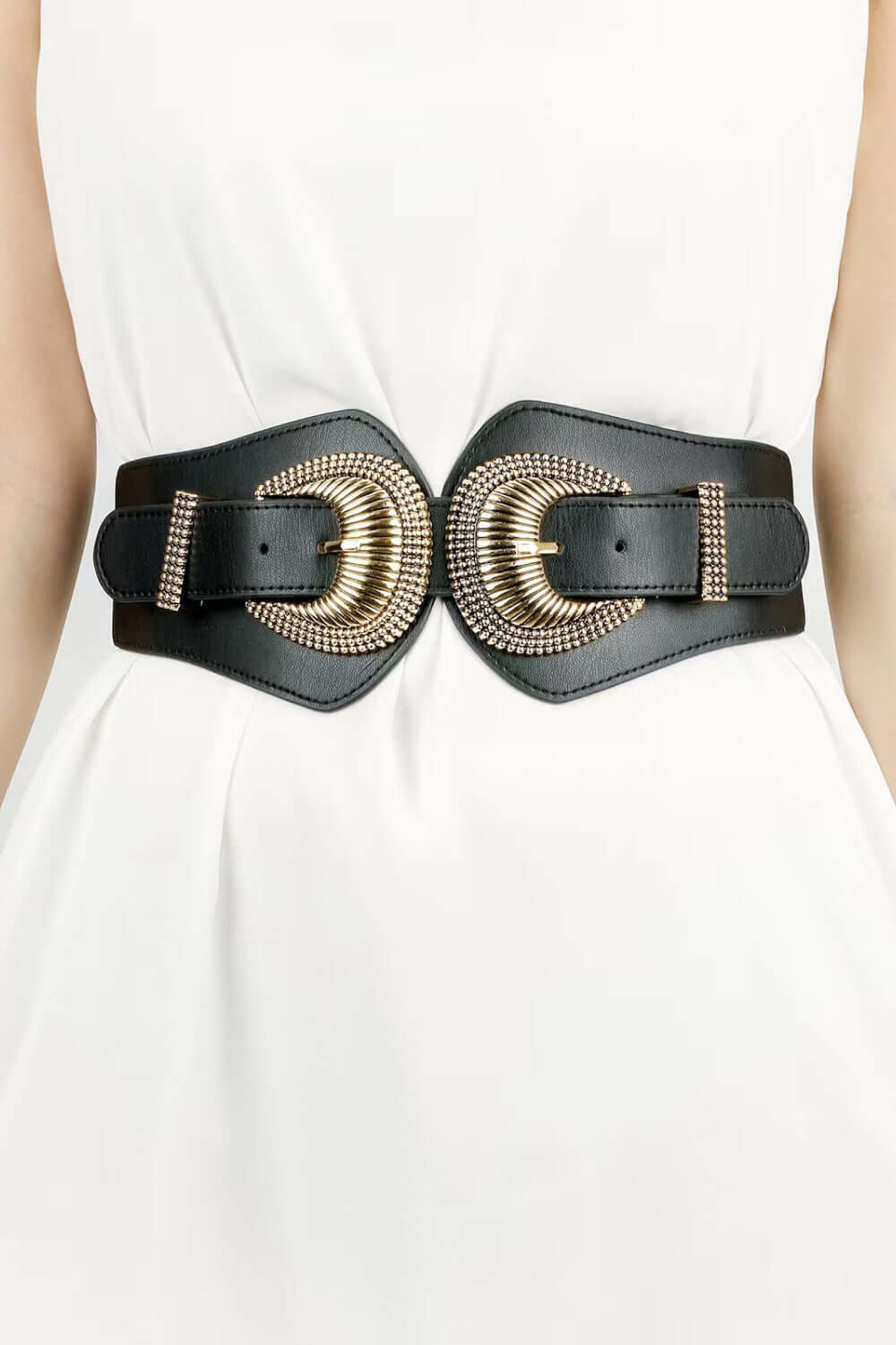 Shell Double Buckle Elastic Wide Belt in black with gold accents, made from PU and alloy, ideal for stylish outfits.