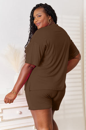 Model showcasing the Basic Bae soft rayon half sleeve top and shorts set in brown, highlighting comfort and style.
