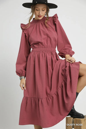 Umgee Dusty Rose Midi Dress with Ruffle Shoulders, elegant textured fabric perfect for casual or dressy events.