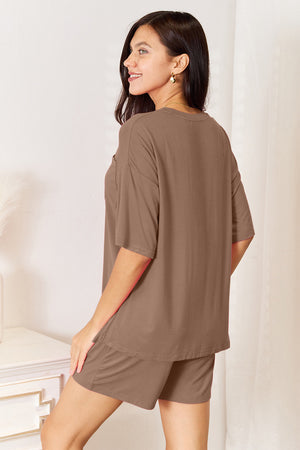 Basic Bae full-size soft rayon half-sleeve top and shorts set in brown, perfect for casual outings and lounging.