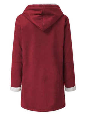 Back view of a full size pocketed long sleeve hooded toggle jacket in red with soft cuffs.