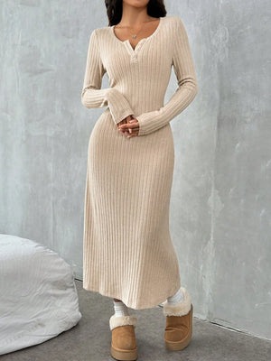 Ribbed long sleeve knit dress in beige, featuring buttoned detail and slight stretch for comfort.