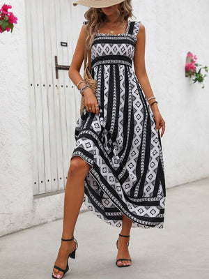 Printed square neck wide strap cami dress with black and white pattern, perfect for casual summer outings.