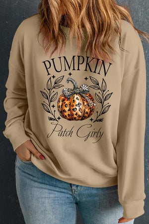 Plus size pumpkin graphic long sleeve sweatshirt in beige with leopard print and floral accents, perfect for fall fashion.