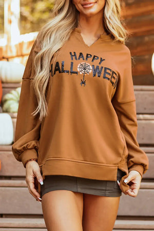 Happy Halloween long sleeve sweatshirt in brown with sequin detail, perfect for the festive season.