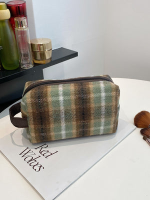 Contrast plaid clutch with zipper, small size, polyester material, stylish green and brown design.