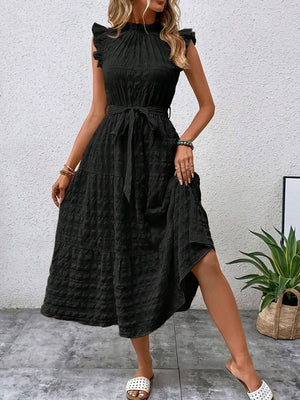 Black tied ruffled cap sleeve midi dress with a flowy skirt and elegant silhouette, perfect for casual or formal occasions.