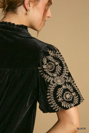 Umgee plus size velvet blouse with embroidered sleeves in elegant black fabric.
