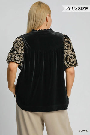 Umgee plus size velvet blouse with embroidered sleeves, stylish black top for casual or dressy occasions.