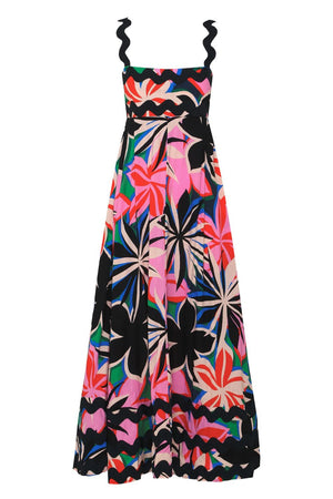 Colorful printed square neck wide strap dress in vibrant floral design, perfect for summer events.
