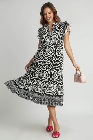 Umgee plus size two-tone midi dress with ruffle cap sleeves and border print, perfect for chic, casual wear.