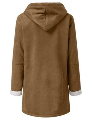 Back view of a full-size pocketed long sleeve hooded toggle jacket in brown, featuring fleece-lined cuffs.
