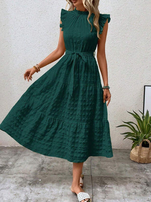 Tied ruffled cap sleeve midi dress in green, featuring a flowing silhouette and stylish belt.