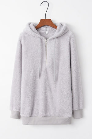 Cozy gray full size quarter-zip drawstring teddy hoodie with pocket, slightly stretchy and soft fabric.