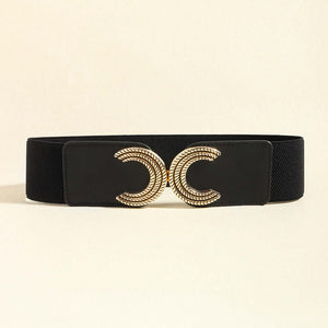 Double C buckle elastic belt made of PU, measuring 25.6in in length and 2.4in in width, perfect for stylish outfits.