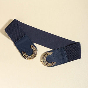 Double C buckle elastic belt in navy with PU material, measuring 25.6in length and 2.4in width, perfect for stylish outfits.