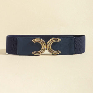 Double C buckle elastic belt in navy with gold accents, measuring 25.6 inches in length and 2.4 inches in width.
