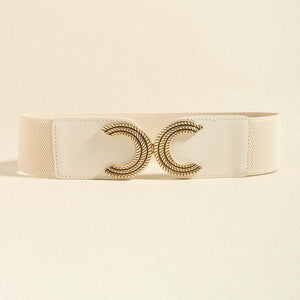 Stylish Double C Buckle Elastic Belt in PU material, 25.6 in length, 2.4 in width, featuring a unique 4 in buckle.