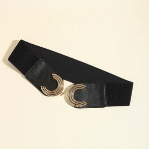 Stylish black double C buckle elastic belt made of PU, measuring 25.6 in length, with a 4 in buckle.