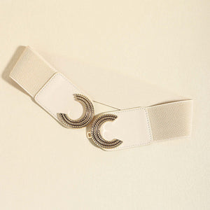 Double C buckle elastic belt in beige with gold accents, made of PU, measuring 25.6 in length and 2.4 in width.