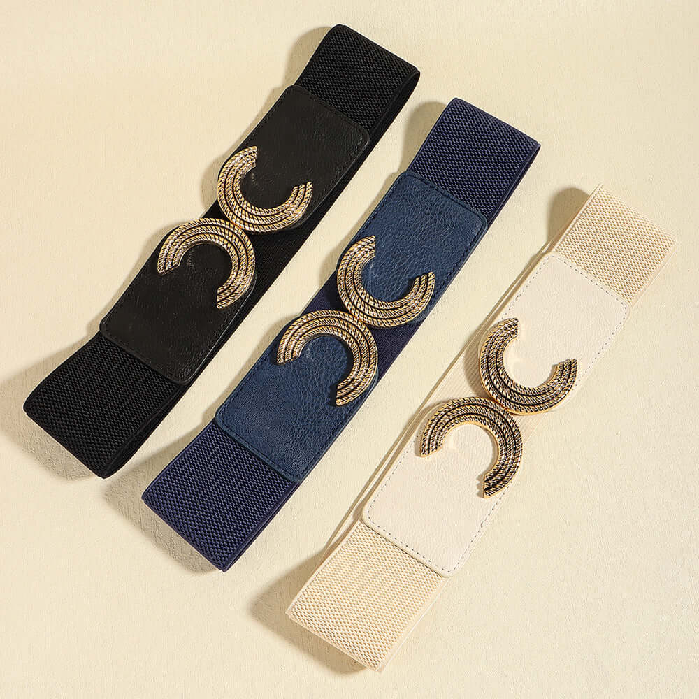Double C Buckle Elastic Belts in black, navy, and cream with decorative buckles, perfect accessory for any outfit.