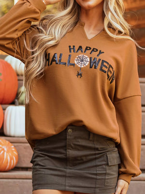 Happy Halloween graphic notched long sleeve loose top in autumn color, perfect for festive fall style.