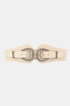 Shell Double Buckle Elastic Wide Belt in beige, made of PU and alloy, measuring 30.7*4 inches for a stylish look.
