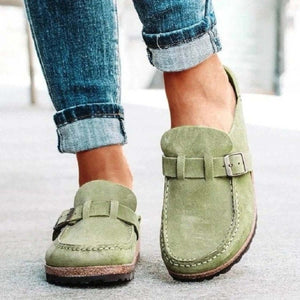 Round toe low heel buckle loafers in green, perfect for casual and stylish outfits.
