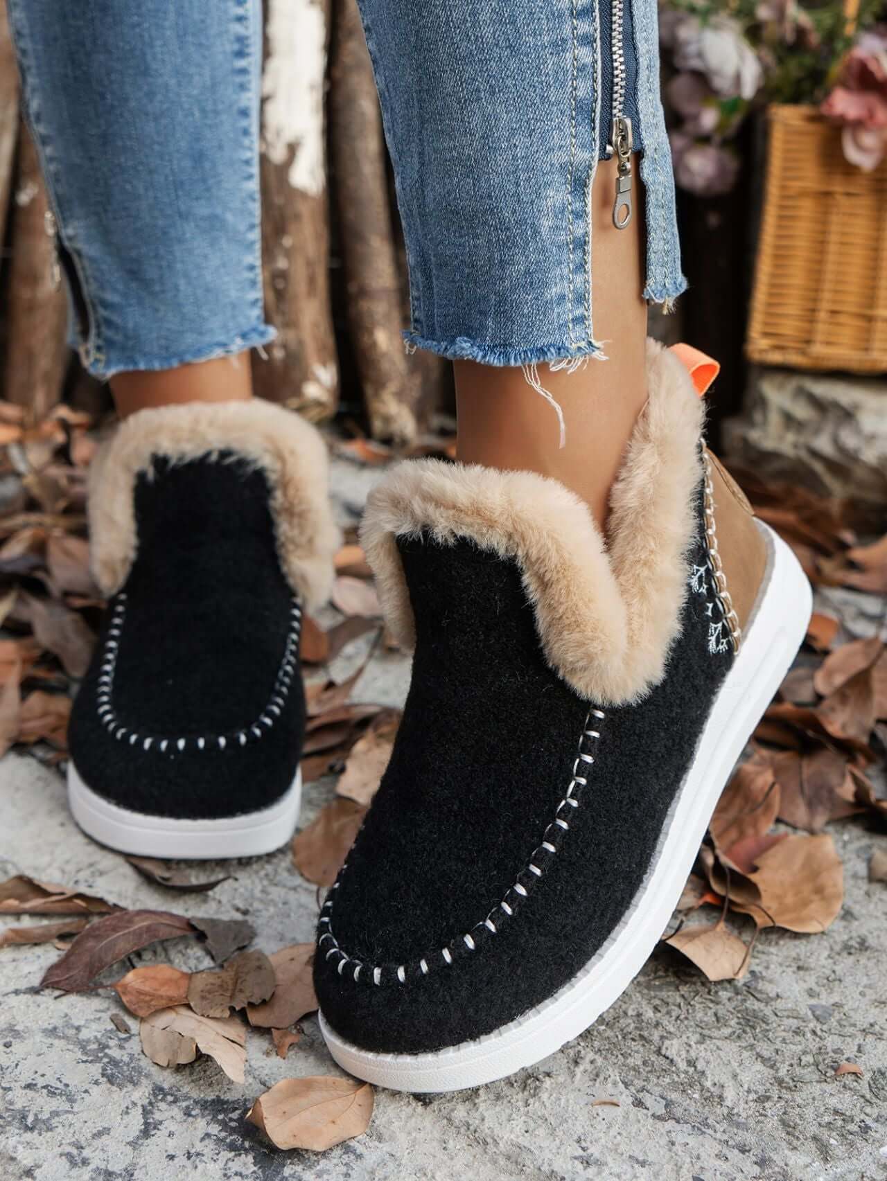 Furry suede round toe flat sneakers featuring plush fur lining and rubber sole, perfect for stylish comfort.