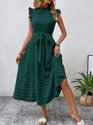 Stylish Tied Ruffled Cap Sleeve Midi Dress in green, featuring a flowy design and belted waist, perfect for casual outings.