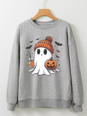 Halloween Ghost Round Neck Sweatshirt featuring a cute ghost with a pumpkin and drink, perfect for festive style.