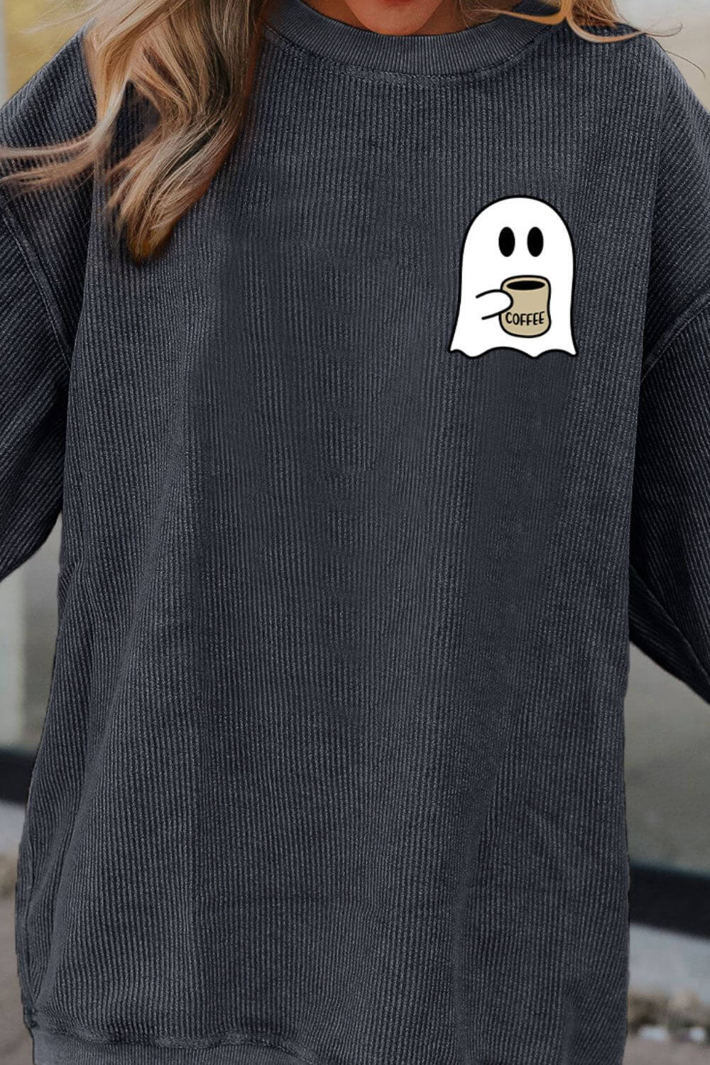 Ghost graphic drop shoulder sweatshirt in dark color, featuring a cute ghost holding a coffee cup.