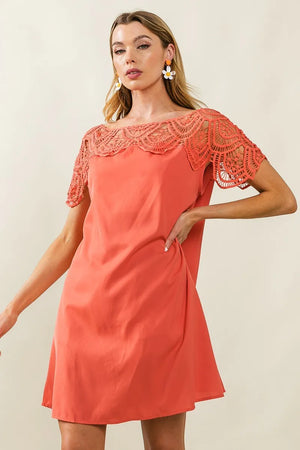 Chic BiBi Crochet Lace Yoke Detailed Wrinkled Dress in coral, showcasing intricate lace detailing and a stylish bohemian look.
