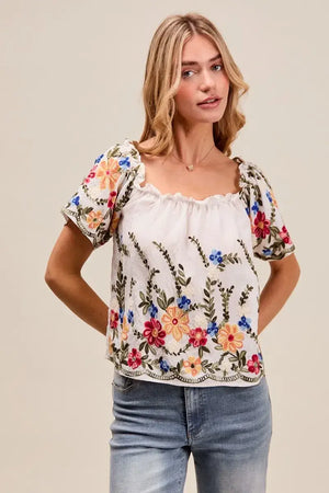Woman wearing SO ME Floral Embroidered Two Way Off The Shoulder Blouse with colorful floral embroidery.