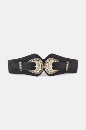Shell double buckle elastic wide belt made of PU and alloy, measuring 30.7*4 inches, perfect for adding a stylish touch to any outfit.
