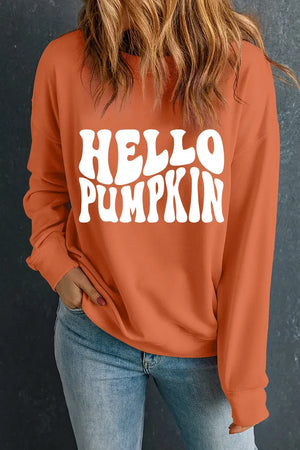 Hello Pumpkin round neck long sleeve sweatshirt in orange; casual style, comfortable fit for autumn fashion.