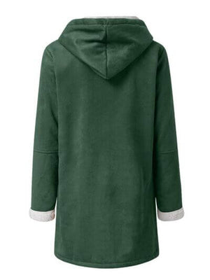 Back view of a green long sleeve hooded toggle jacket with a soft lining and buttoned pockets.