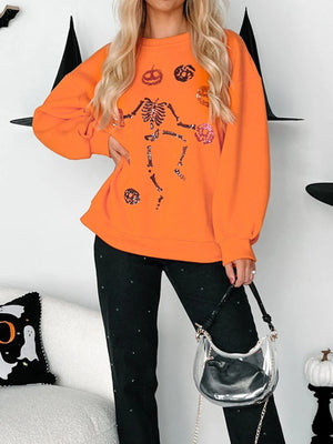 Halloween Skeleton Pumpkin Sweatshirt in vibrant orange, featuring a fun skeleton design and comfy fit.