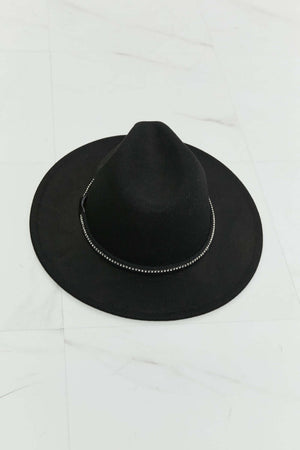 Classic black fedora hat with a wide brim and mini rhinestone detailing for stylish sophistication.