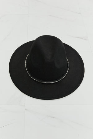 Fame Bring It Back Fedora Hat in black with wide brim and mini rhinestone detailing, perfect for adding glamour to any outfit.