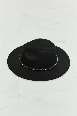 Black fedora hat with wide brim and mini rhinestone detailing, perfect for adding sophistication to any outfit.
