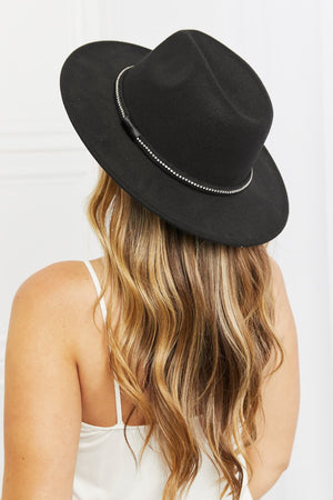Back view of the Fame Bring It Back Fedora Hat in black with mini rhinestone detailing, perfect for elegant outfits.