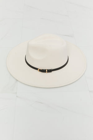 Fame Keep It Classy Fedora Hat in beige with black belt and gold hardware for a chic, sophisticated look.