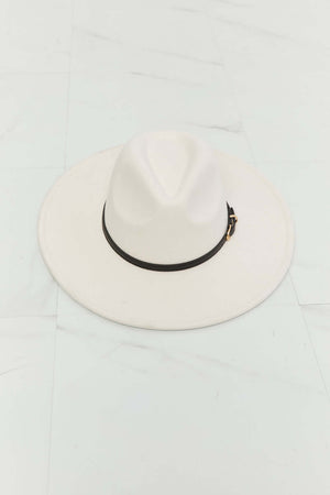 Fame Keep It Classy Fedora Hat in beige with black belt buckle, stylish accessory for any outfit.