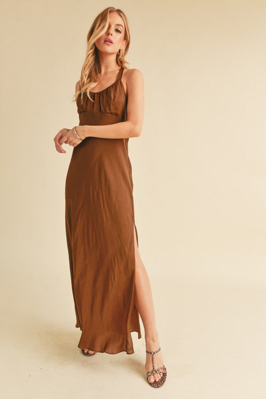 Aemi + Co brown maxi cami dress with ruched sides and side slit, perfect for formal events and special occasions.