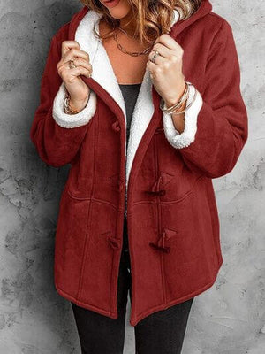 Full size pocketed long sleeve hooded toggle jacket in burgundy with white lining, perfect for cold weather.