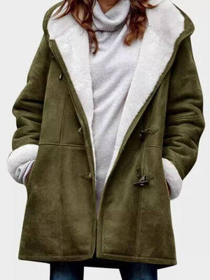 Full size pocketed long sleeve hooded toggle jacket in olive green, featuring soft lining and buttoned front.