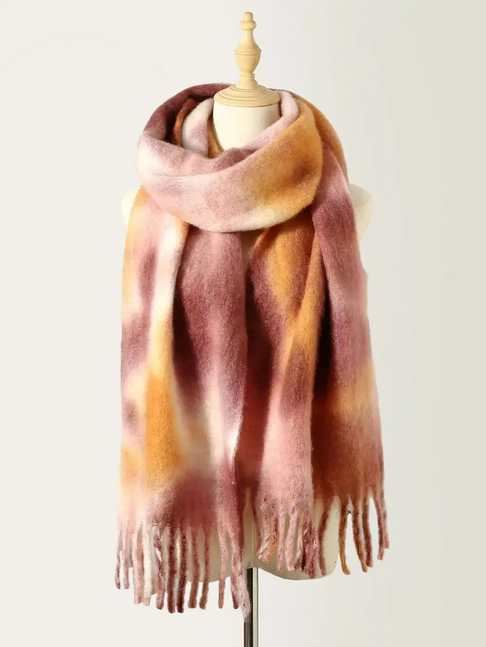 Fringe tie-dye polyester scarf in warm tones, 78.7 inches long, stylish and lightweight accessory for any outfit.