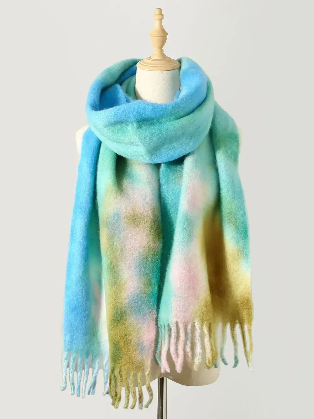 Fringe tie-dye polyester scarf in blue, green, and pink colors, 78.7 in long, perfect for stylish layering.